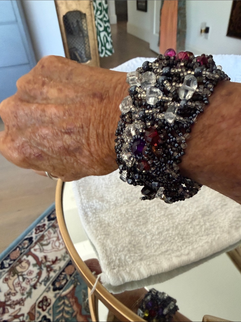 Handmade Black Beaded Bracelet with Clear and Purple Accents